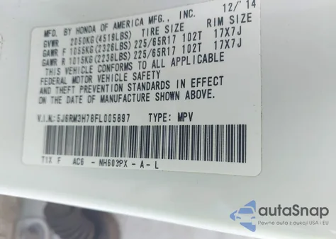 2015 Honda Cr-V Exl из США, поврежденный, VIN 5J6RM3H78FL005897